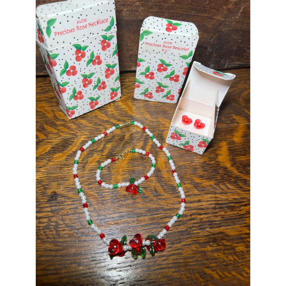 VTG NOS Avon Precious Rose Kids Jewelry Set Necklace Bracelet Earrings Red